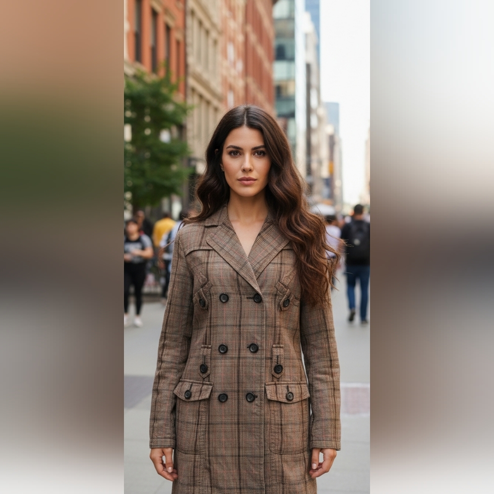EDC Esprit Cotton Brown Plaid Double-Breasted Trench Coat. Like New! Vintage.